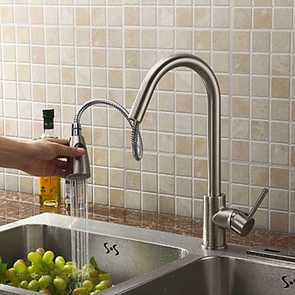 Pull Out Solid Brass Kitchen Faucet - Nickel Brushed Finish T0759 - Click Image to Close