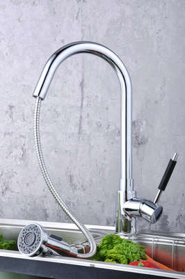 Contemporary Solid Brass Pull Down Kitchen Faucet (Chrome Finish)T0784-2 - Click Image to Close