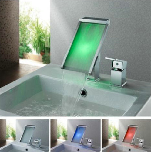 Contemporary Color Changing LED Waterfall Widespread Bathroom Sink Faucet - T8002-3 - Click Image to Close