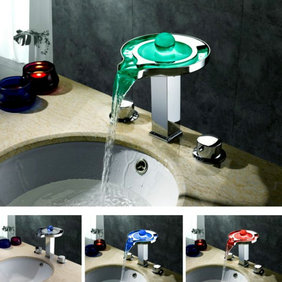 Contemporary Color Changing LED Waterfall Widespread Bathroom Sink Faucet - T8008-1F