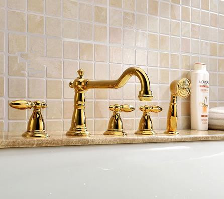 Antique Brass Golden Printed Luxury Widespread Tub Faucet with Hand Shower FBT0889 - Click Image to Close