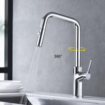 Chrome Finished Brass 360° Rotatable Single Handle Pull Out Kitchen Sink Faucet F0489C - Click Image to Close