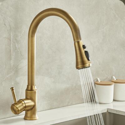 Antique Brass Single Handle Rotatable Mixer Pull-out Kitchen Sink Faucet FA0229P