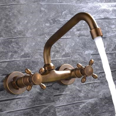 Antique Brass FInished Wall Mounted Mixer Bathroom Sink Faucet FA109W - Click Image to Close