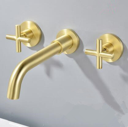 Antique Golden Brass Brushed Wall Mounted Two Handles Mixer Bathroom Sink Faucet FA3790 - Click Image to Close