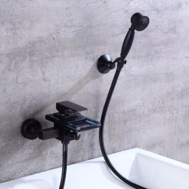 Antique Bathtub Faucet Bathroom Black Bronze Brass Waterfall Faucet with Hand Shower FB0380 - Click Image to Close