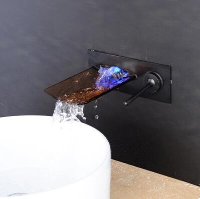 Special Brown Color LED Wall Mounted Waterfall Basin Faucet With Glass Spout FB0500W - Click Image to Close