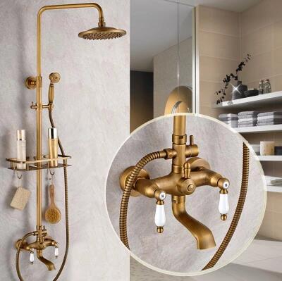 Antique New Design Brass Mixer Shower Faucet Set With Small Shelf FB0585 - Click Image to Close