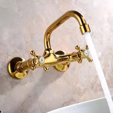 Antique Brass Golden Printed Wall Mounted Mixer Bathroom Sink Faucet FG109W - Click Image to Close