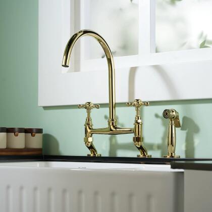 All Copper Retro Bridge Style Kitchen Hot And Cold Faucets, Dual Hole Rotatable Sink, Water Hose With Spray Gun FP0418