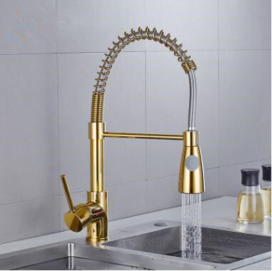 Antique Brass Golden Kitchen SPRING Type Pull Out Mixer Sink Faucet T0173G - Click Image to Close