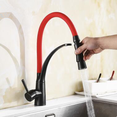 Art Designed Black Bronze Brass with Red Color Kitchen Sink Faucet T0193P - Click Image to Close
