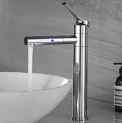 LED Color Changing Waterfall 360° Rotatable Chrome Mixer Tall Bathroom Sink Faucet T0228LF - Click Image to Close