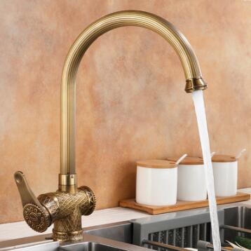 Antique Brass Retro Engraved Rotatable Mixer Kitchen Faucet T0388A - Click Image to Close