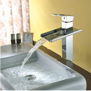 Solid Brass Contemporary Waterfall Single Handle Bathroom Sink Taps Chrome Finish T8004HM - Click Image to Close