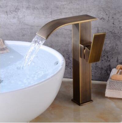 Antique Basin Faucet Antique Brass Waterfall Mixer High Version Bathroom Sink Faucet TA0178H - Click Image to Close