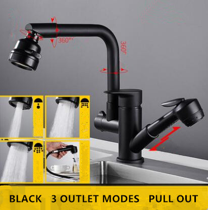 Black Bronze Brass 3 Outlet Modes Pull Out Rotatable Kitchen Sink Faucet TB0199 - Click Image to Close
