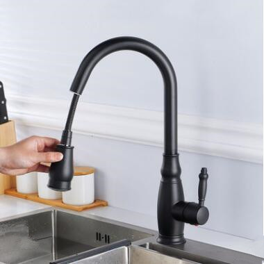 Brass Black Pull Out Mixer Water Controlled LED Kitchen Sink Faucet TB0230F