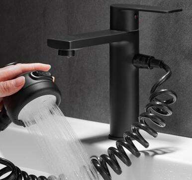 Black Brass Basin Faucet With Hand Shower Washing Head Designed Bathroom Sink Faucet TB218F - Click Image to Close