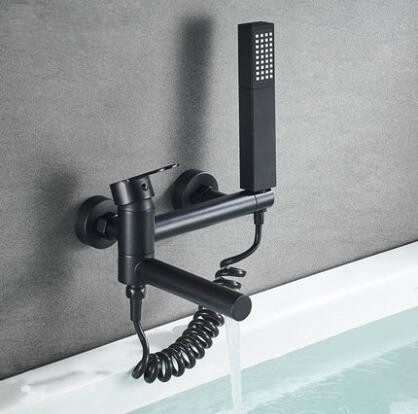 Black Wall Mounted Brass Mixer Bathroom Bathtub Faucet With Hand Shower TB238F - Click Image to Close