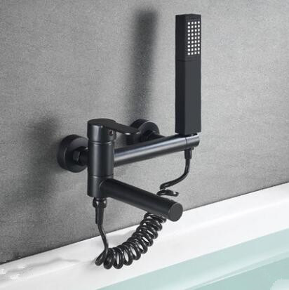 Black Wall Mounted Brass Mixer Bathroom Bathtub Faucet With Hand Shower TB238F - Click Image to Close