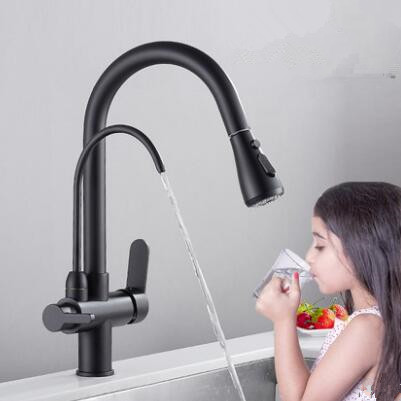 Kitchen Three Way Faucet Black Bronze Brass Drinking Water Pull Out Kitchen Sink Faucet TB329F - Click Image to Close