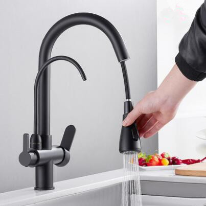 Kitchen Three Way Faucet Black Bronze Brass Drinking Water Pull Out Kitchen Sink Faucet TB329F