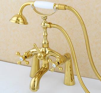 Brass Golden Printed Double Handles Bridge Bathtub Faucet with Hand Shower FTB420 - Click Image to Close