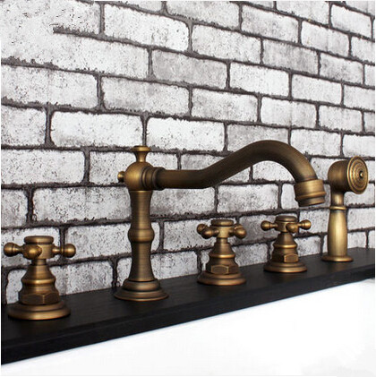 Antique Brass Five-Pieces Bathroom Bathtub Shower Mixer Faucets FTB455A - Click Image to Close