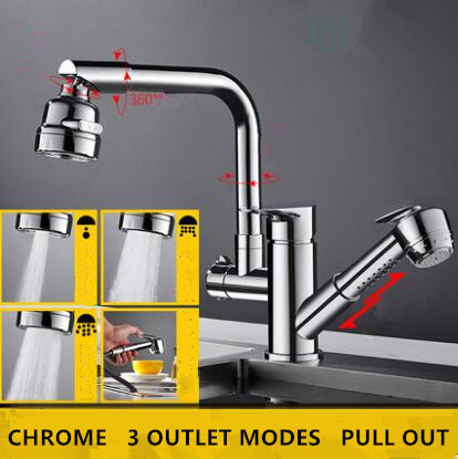 Brass Chrome Finished 3 Outlet Modes Pull Out Rotatable Kitchen Sink Faucet TC0199 - Click Image to Close