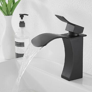 Modern Single Handle Black Brass Waterfall Mixer Water Bathroom Sink Faucet TF0108 - Click Image to Close