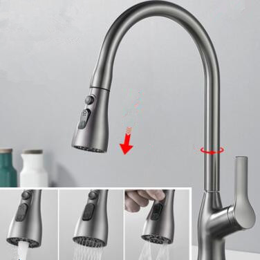Antique Nickel Brushed Grey Brass Rotatable Spray Retractable Head Pull Out Kitchen Faucet TF0199G - Click Image to Close