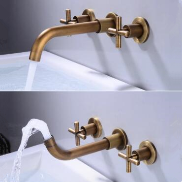 Antique Brass Concealed Installation Wall Mounted Two Handles Bathroom Sink Faucet TF0375A