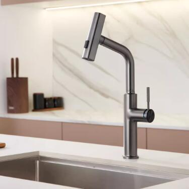 Brass Gun-Grey Finished Waterfall Spout Pull Down Kitchen Sink Faucet TF0388 - Click Image to Close