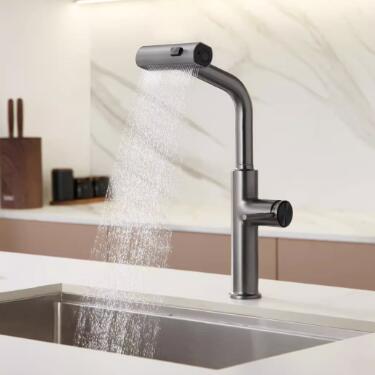 Brass Gun-Grey Finished Waterfall Spout Pull Down Kitchen Sink Faucet TF0388 - Click Image to Close