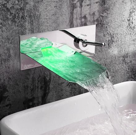 Chrome Finish Color Changing LED Waterfall Wall Mount Bathroom Sink Faucet TF0500B - Click Image to Close