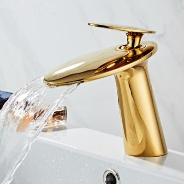 Bathroom Basin Faucets Golden Finished Brass Mixer Waterfall Bathroom Sink Faucet TFG0208 - Click Image to Close