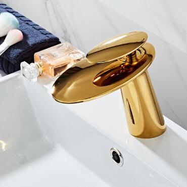 Bathroom Basin Faucets Golden Finished Brass Mixer Waterfall Bathroom Sink Faucet TFG0208 - Click Image to Close