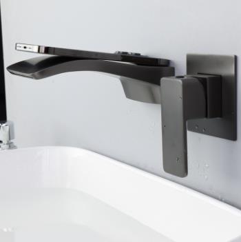 Brass Grey Finished Wall Mounted Waterfall Separated Bathroom Sink Faucet TG0328F