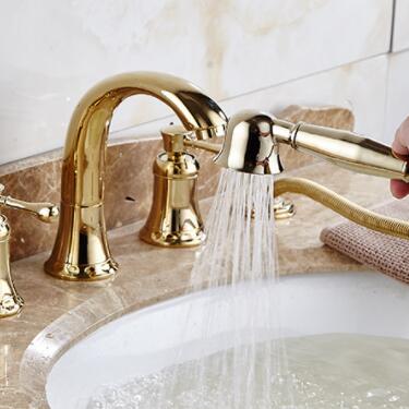 Antique Brass Golden Printed Four-pieces with Hand Shower Bathroom Sink Faucets Bathtub Faucets TG0393 - Click Image to Close