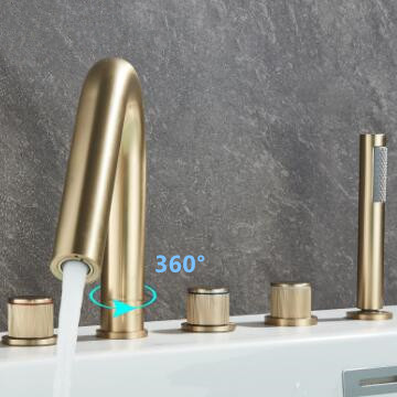 Antique Brass Nickel Brushed Golden Five-Pieces Elbow Spout Tub Faucet with Hand Shower TG0508F - Click Image to Close