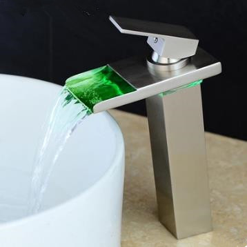 Brass Nickel Brushed Waterfall Bathroom Mixer LED Color Changing Sink Faucet TN288L - Click Image to Close