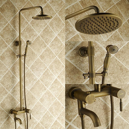 Antique Brass Tub Shower Faucet with 8 inch Shower Head + Hand Shower TSA001