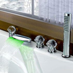 Contemporary Color Changing LED Glass Handles Tub Waterfall Faucet with Hand Shower T6016