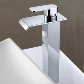 Contemporary Solid Brass Waterfall Bathroom Sink Faucet (Tall) T6006H - Click Image to Close